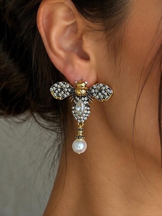 Anthropologie Jewelry - Gold Crystal Bee Drop Earrings with Pearl